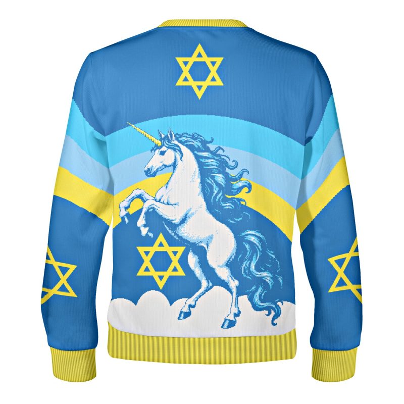 Back of the Jewnicorn ugly Hanukkah sweatshirt with a white unicorn over clouds and a yellow Star of David