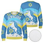 Front and back of the Jewnicorn ugly Hanukkah sweatshirt with yellow ribbed collar, cuffs and hem Front and back of the Jewnicorn ugly Hanukkah sweatshirt with yellow ribbed collar, cuffs and hem
