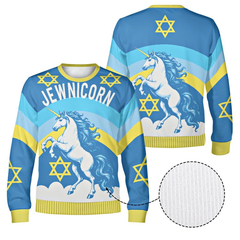 Front and back of the Jewnicorn ugly Hanukkah sweatshirt with yellow ribbed collar, cuffs and hem