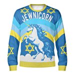 Front of the Jewnicorn ugly Hanukkah sweatshirt with a white unicorn, blue rainbow and yellow Stars of David Front of the Jewnicorn ugly Hanukkah sweatshirt with a white unicorn, blue rainbow and yellow Stars of David
