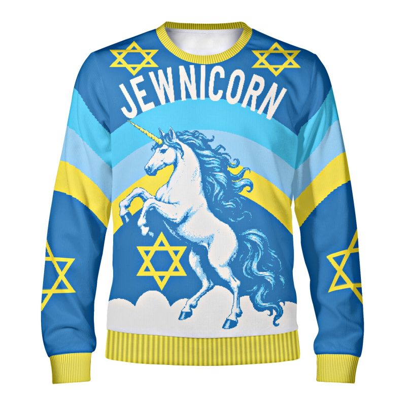 Front of the Jewnicorn ugly Hanukkah sweatshirt with a white unicorn, blue rainbow and yellow Stars of David