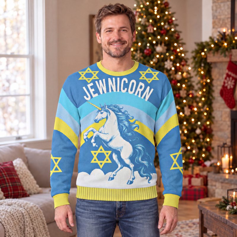 Man wearing the Jewnicorn ugly Hanukkah sweatshirt with JEWNICORN arched across the chest