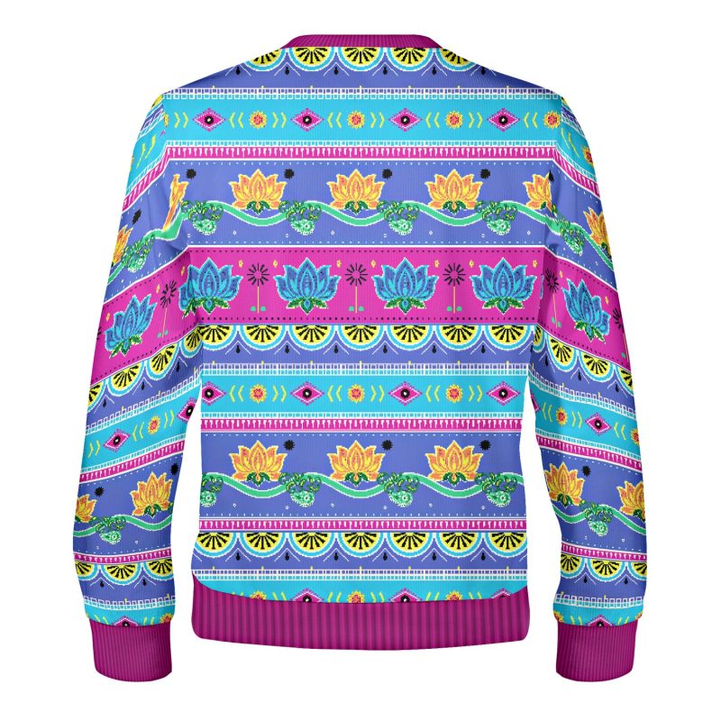 Back of the Om for Christmas sweatshirt with magenta, turquoise and royal blue folk-art bands of lotus flowers