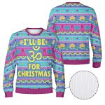Front and back of the I’ll Be Om for Christmas yoga Christmas sweatshirt with magenta collar, cuffs and hem Front and back of the I’ll Be Om for Christmas yoga Christmas sweatshirt with magenta collar, cuffs and hem
