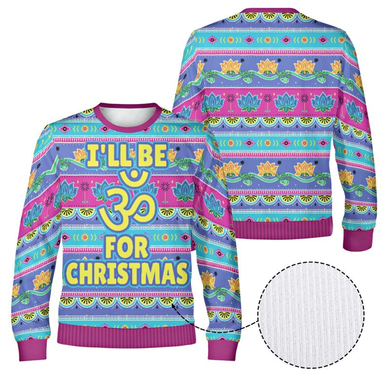 Front and back of the I’ll Be Om for Christmas yoga Christmas sweatshirt with magenta collar, cuffs and hem