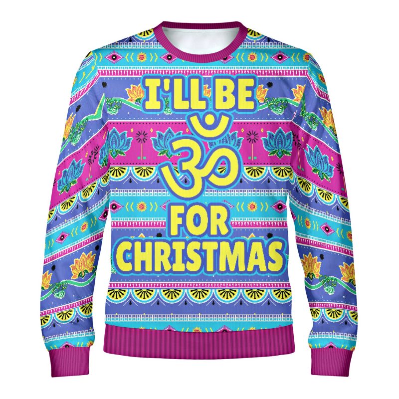 Front of the I’ll Be Om for Christmas sweatshirt with a big golden Om over colourful lotus and paisley bands