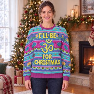 Woman wearing the I’ll Be Om for Christmas yoga ugly Christmas sweatshirt by a Christmas tree
